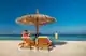 Two lounge chairs under an umbrella on a sandy beach at Sunset Bar, Maldives.